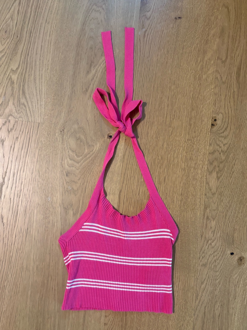 SHEIN Hot Pink Ribbed Halter Tank with White Stripes